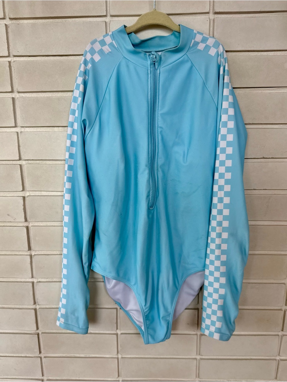 Long Sleeve Zip Front One Piece Swimsuit * Sky Blue Checker * Girls